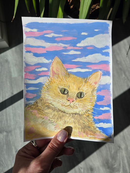 Fluffy kat, originalt lille maleri